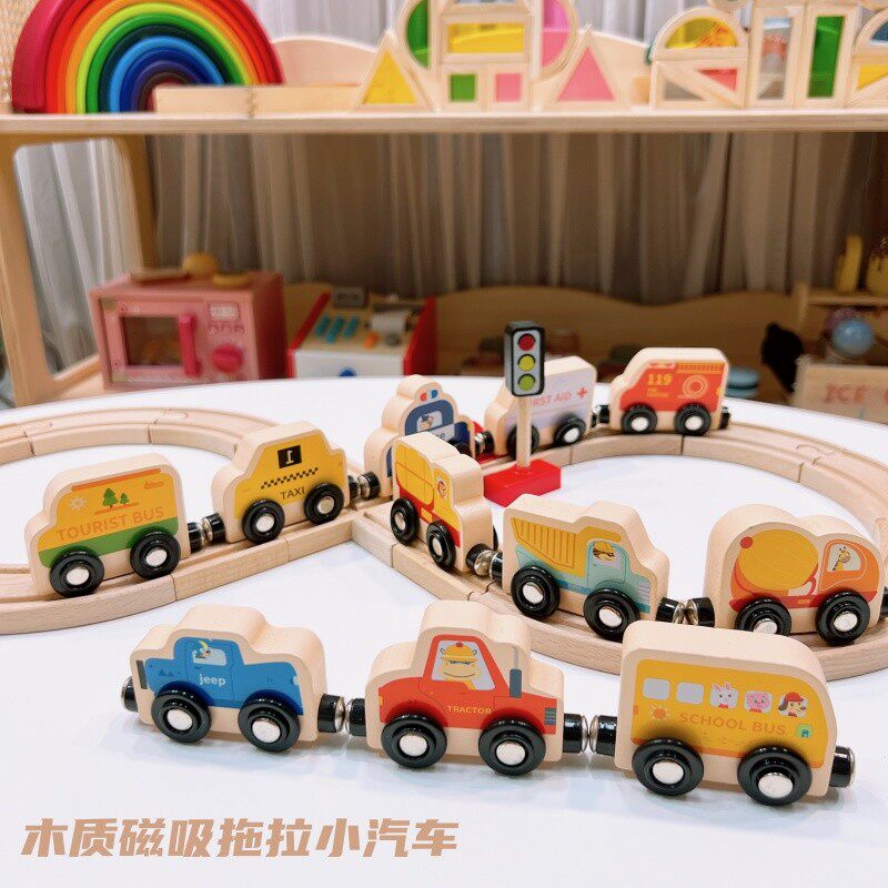 儿童木制磁吸动物交通拖拉小汽车兼容木质轨道幼儿园益智玩具