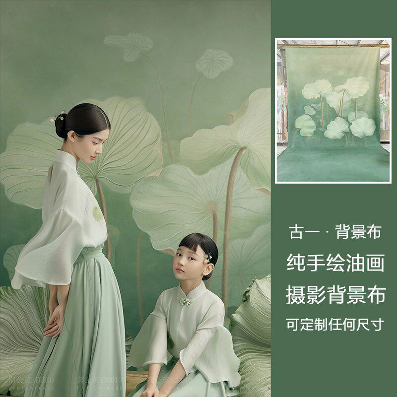 纯手绘儿童新生儿全家福写真古装油画专业室内照相馆摄影拍照背景布