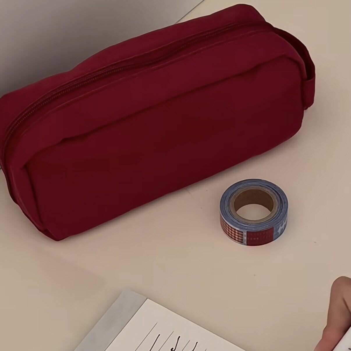 日系简约酒红色笔袋ins高颜值纯色学生文具袋大容量多层文具收纳