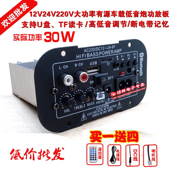车载大功率汽车发烧级低音炮功放板插卡USB遥控12V24V220V E1B1