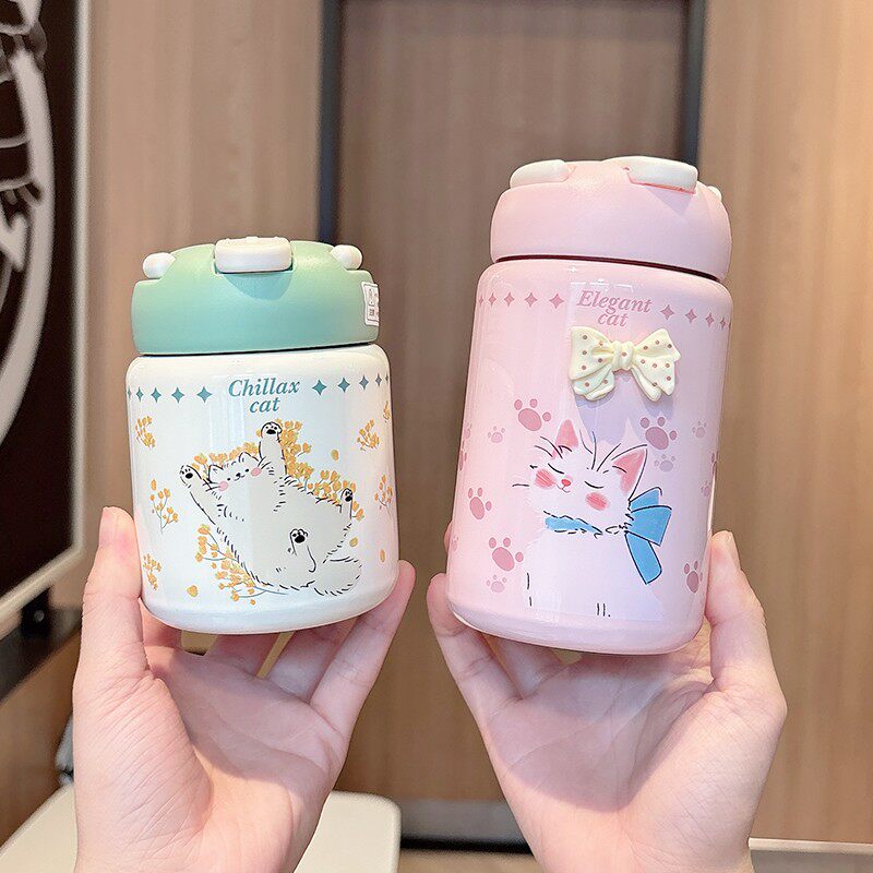 可爱小巧便携保温水杯女生高颜值超萌吸管杯小学生儿童不锈钢杯子