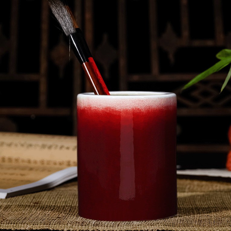 景德镇陶瓷器仿古郎红釉笔筒时尚办公室书房装饰摆件教师礼品大号