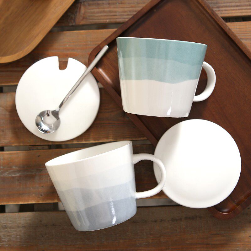 复古北欧简约ins杯子马克杯带盖家用咖啡杯陶瓷早餐牛奶杯微波炉