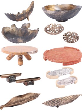 现代轻奢金属收纳果盘摆件餐厅客厅样板间玄关酒店大理石托盘饰品