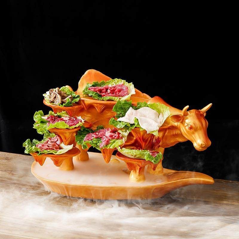 网红创意特色火锅餐盘冒烟雾金色牛形造型乾冰餐具烧肉摆盘托盘子,厨房/烹饪用具,配菜/备菜盘,淘宝优惠券,粉丝福利购,淘宝优惠卷