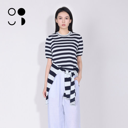 WZWJ/未知未觉夏桑蚕丝针织上衣条纹短袖圆领套头衫女W621M57006