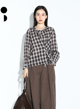 WZWJ/未知未觉原创设计感不对称纯棉格纹长袖衬衫女W533Z11537