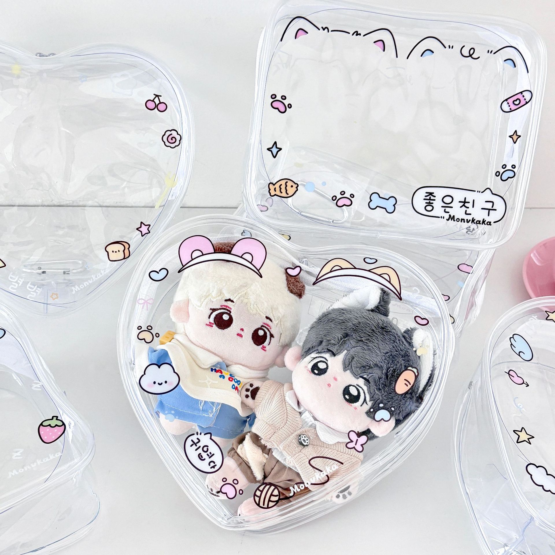 10cm双人娃包爱心娃包带挂钩涂鸦图案外出收纳展示防尘遛娃包挂包