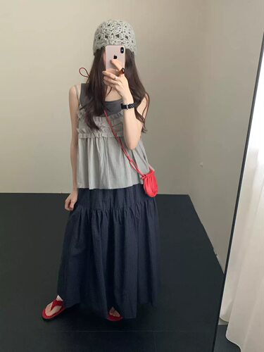 2026夏季新款韩系圆领无袖背心上衣+木耳边网纱吊带女装两件套