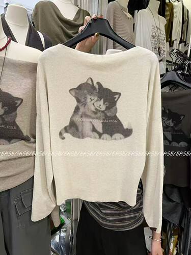 早秋新款韩系简约猫咪印花休闲女宽松显瘦百搭设计感圆领长袖上衣