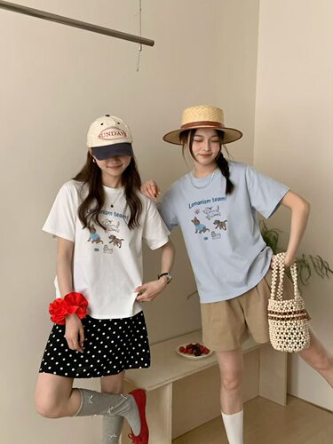 夏季新款韩系时尚简约百搭卡通印花短袖T恤女装圆领宽松显瘦上衣