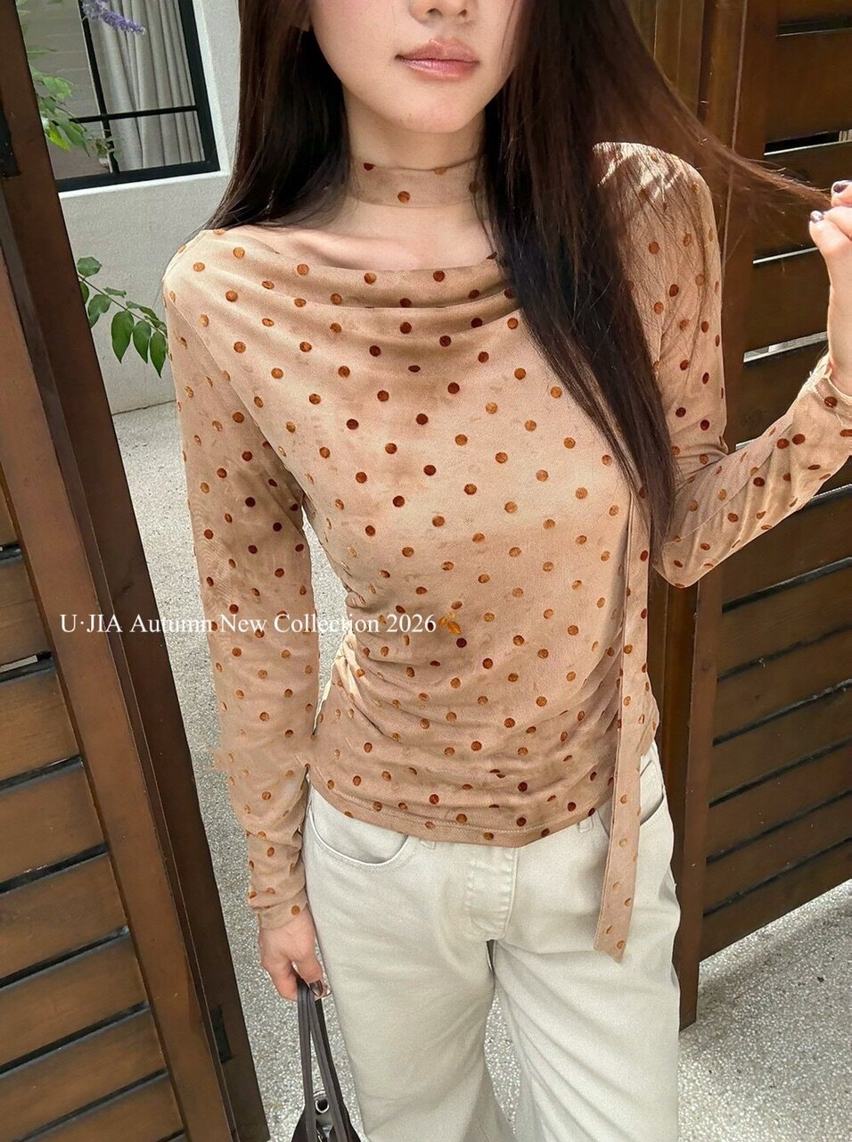 韩系波点小衫网纱微透长袖t恤女早秋新款气质淑女木耳边显瘦上衣
