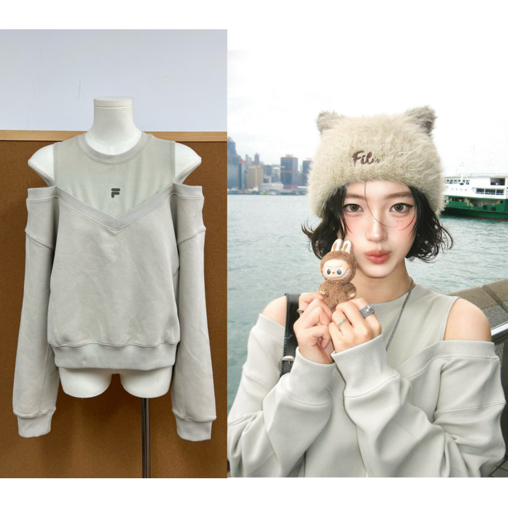 27 ONLINESTORE高智感复古露肩长袖t恤女卡其色宽松百搭小众上衣