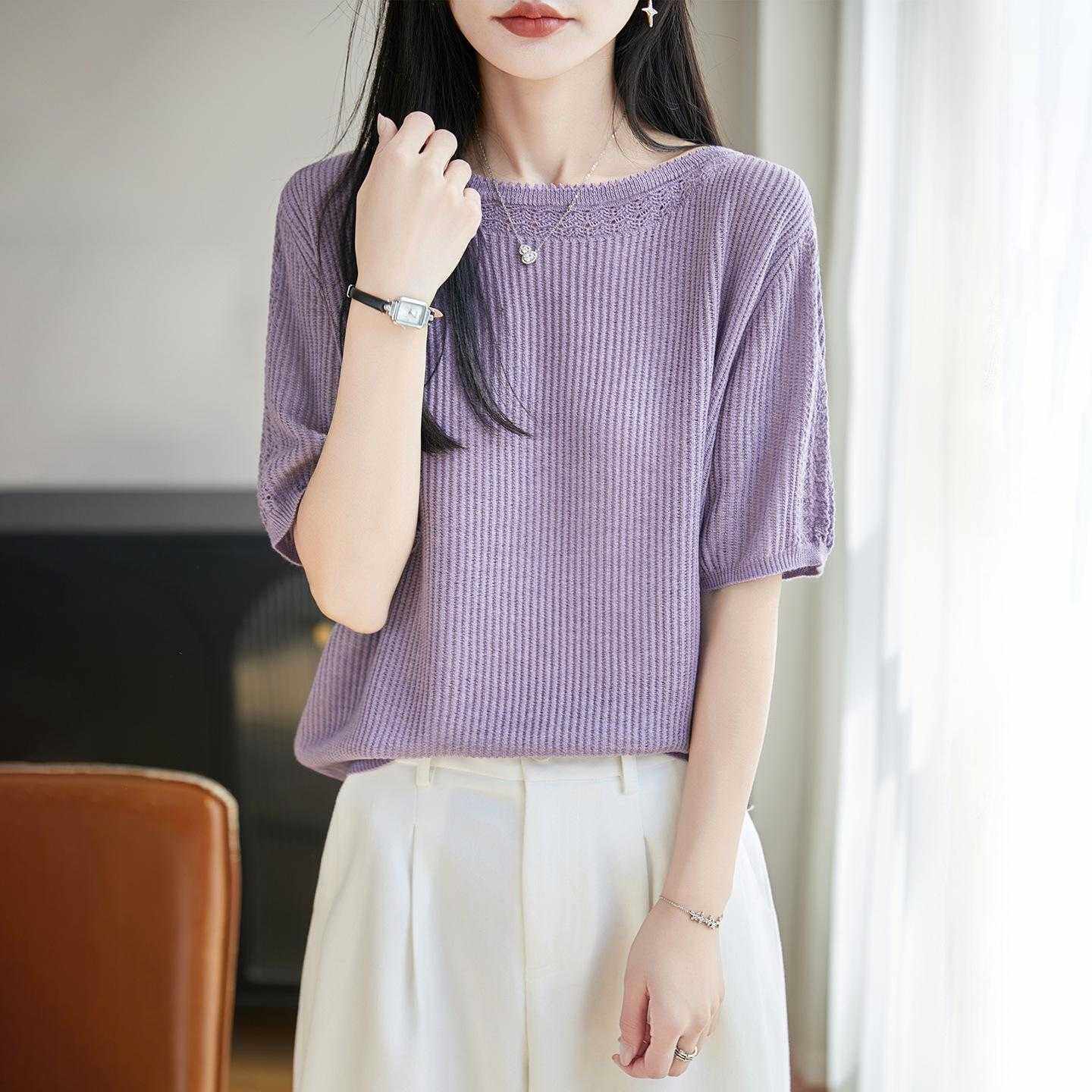 女式圆领精纺羊毛五分袖套头T恤衫舒适透气轻薄感针织短袖上衣
