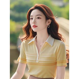 今年新款 好看polo衫 夏季 t恤女士装 潮洋气时髦体桖条纹上衣 短袖