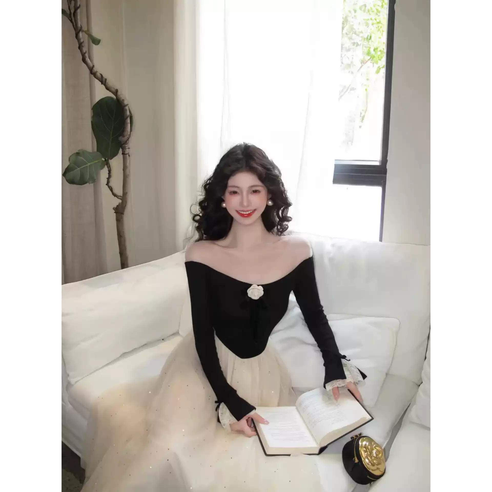 黑色拼接一字肩网纱长袖连衣裙女秋季生日礼服收腰显瘦辣妹长裙子