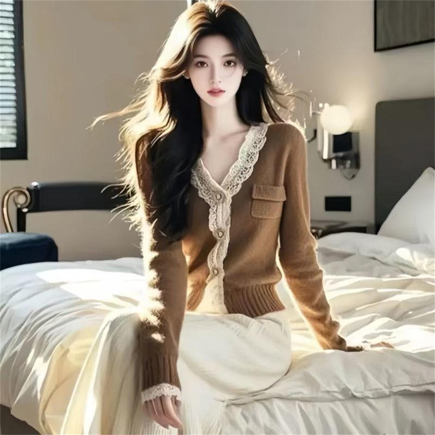 2026美拉德棕色蕾丝边V领毛衣针织开衫秋冬季女装独特别致上衣