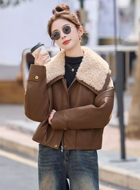网图羊羔毛领PU皮棉服外套女短款2025冬新款宽松显瘦气质加厚棉服