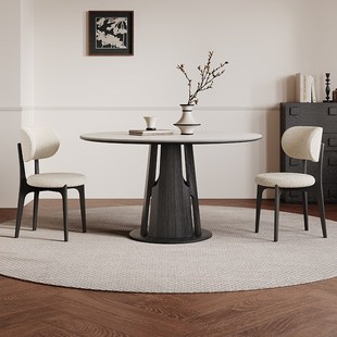 复古实木圆桌家用客厅小户型白蜡木设计师圆形实木岩板餐桌椅 法式