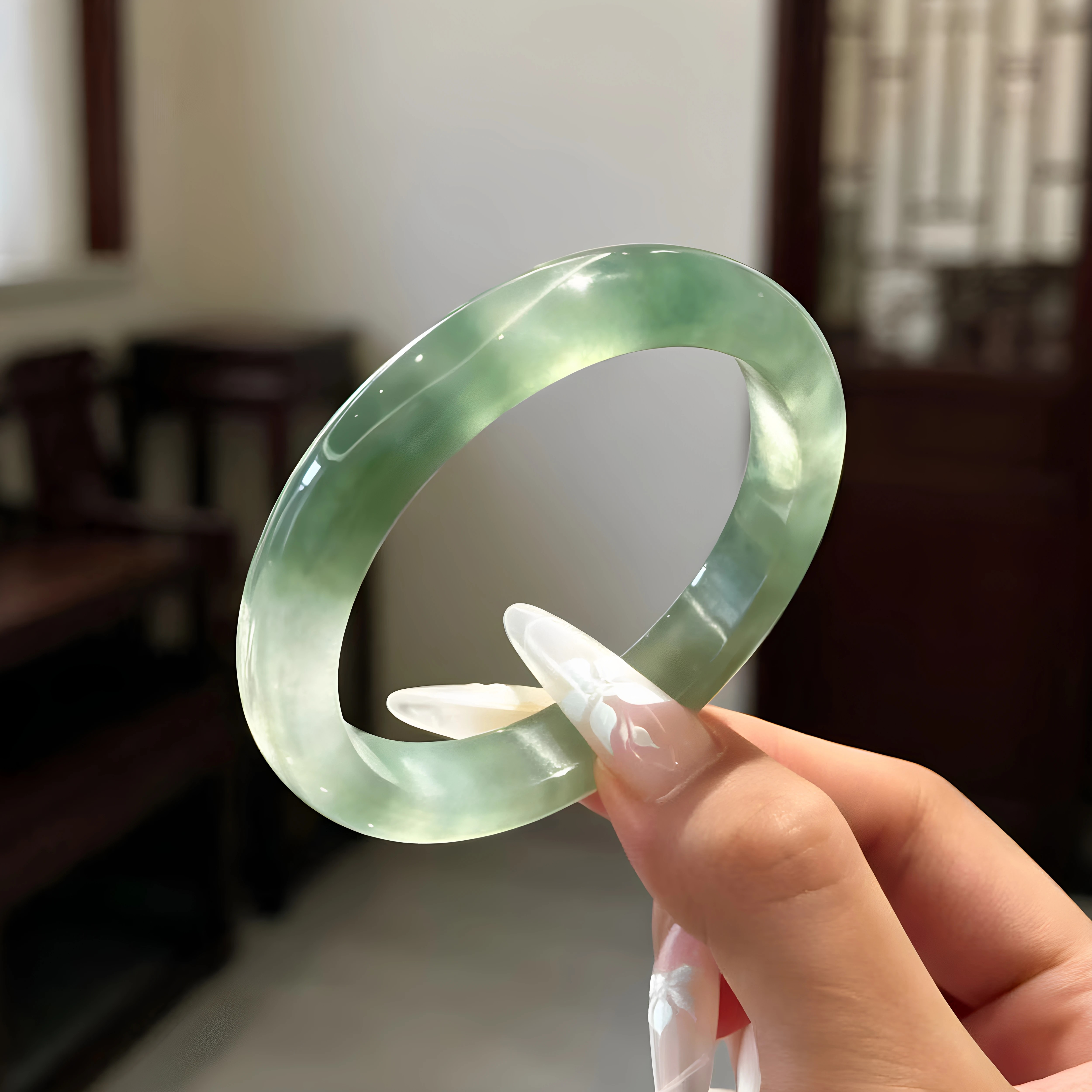 最相物"空青系列"冰透飘花缅甸翡翠玉手镯油青女款贵妃真玉石处理