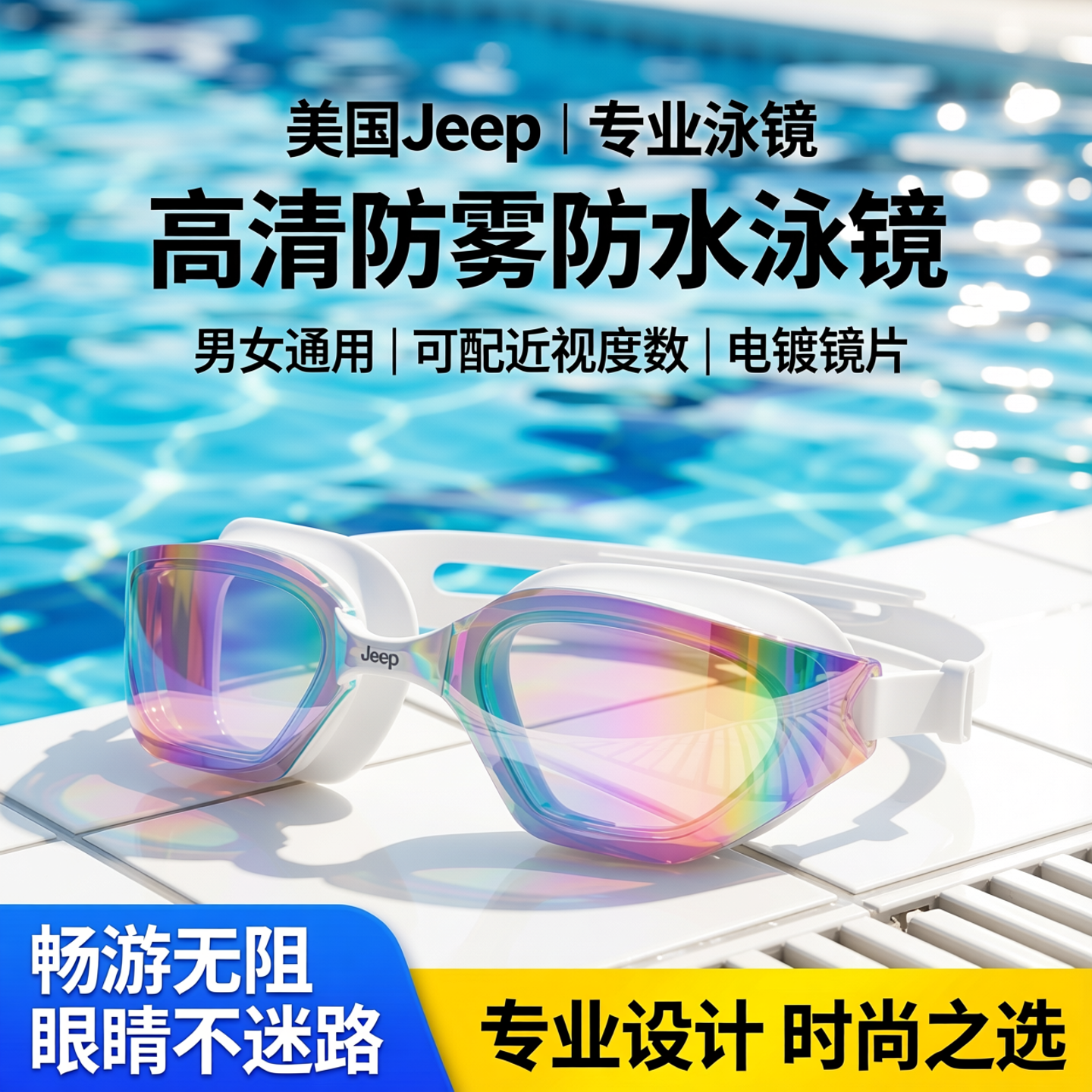 美国Jeep泳镜男款高清防雾防水女近视带度数专业游泳眼镜电镀