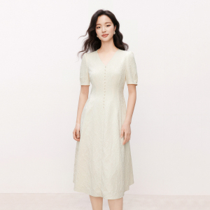 【玫瑰裙】珂莱商场同款2025夏季新款女装蕾丝花纹优雅短袖连衣裙