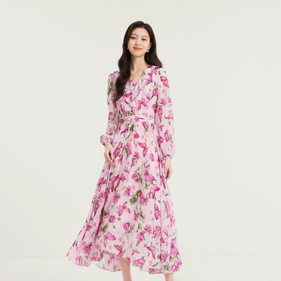 桑蚕丝优雅浪漫收腰印花连衣裙