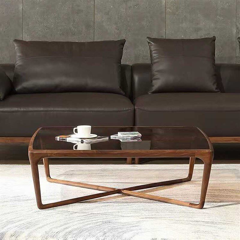 妙梵浅韵几合北美黑胡桃全实木茶几客厅玻璃面大茶几现代简约