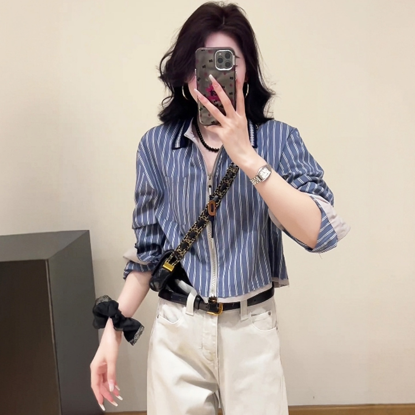 拉链翻领条纹衬衫外套早