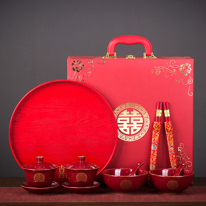 结婚改口敬茶杯新婚碗筷套装陶瓷红色喜碗杯一对陪嫁礼品婚庆用品