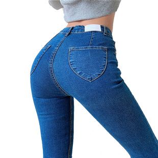 欧美高腰蜜桃臀牛仔裤女弹力显瘦提臀紧身翘臀性感包臀小脚铅笔裤