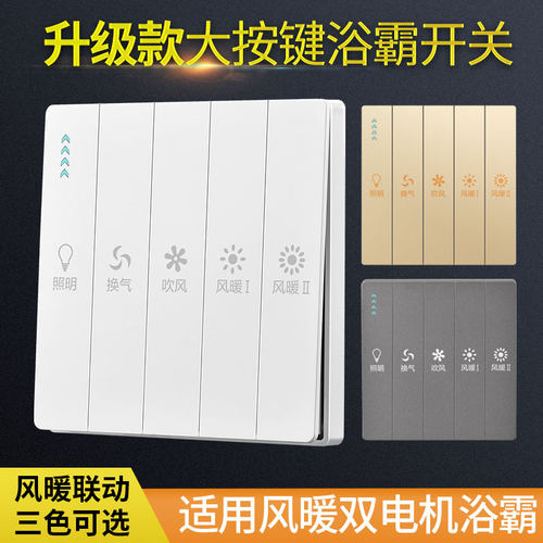 金色五合一风暖浴霸开关 浴室暖风机五合一取暖器灰色5开钢琴按键