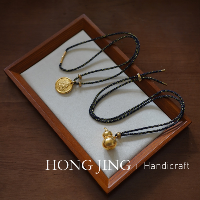 洪菁手作 2.5mm藏青色闪闪亮丝毛衣链玉石黄金吊坠挂绳项链男女