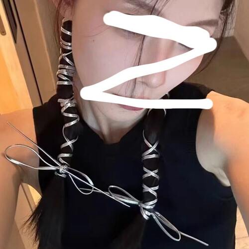甜酷银色编发头绳y2k芭蕾风皮质马尾蝴蝶结发夹绑带发绳颈链配饰