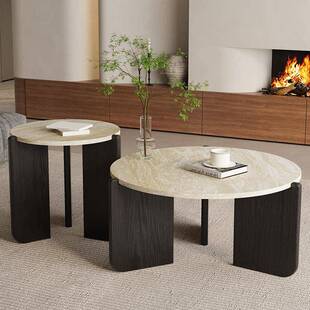 侘寂风实木洞石茶几极简小茶台小户型客厅家用圆形阳台大理石矮桌