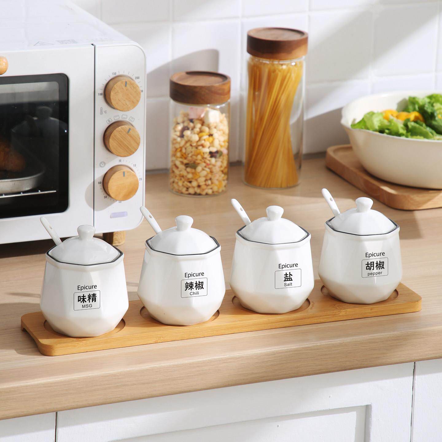 厨房纯白陶瓷调料罐调味瓶罐家用调味罐组合套装釉下彩调料盒盐罐