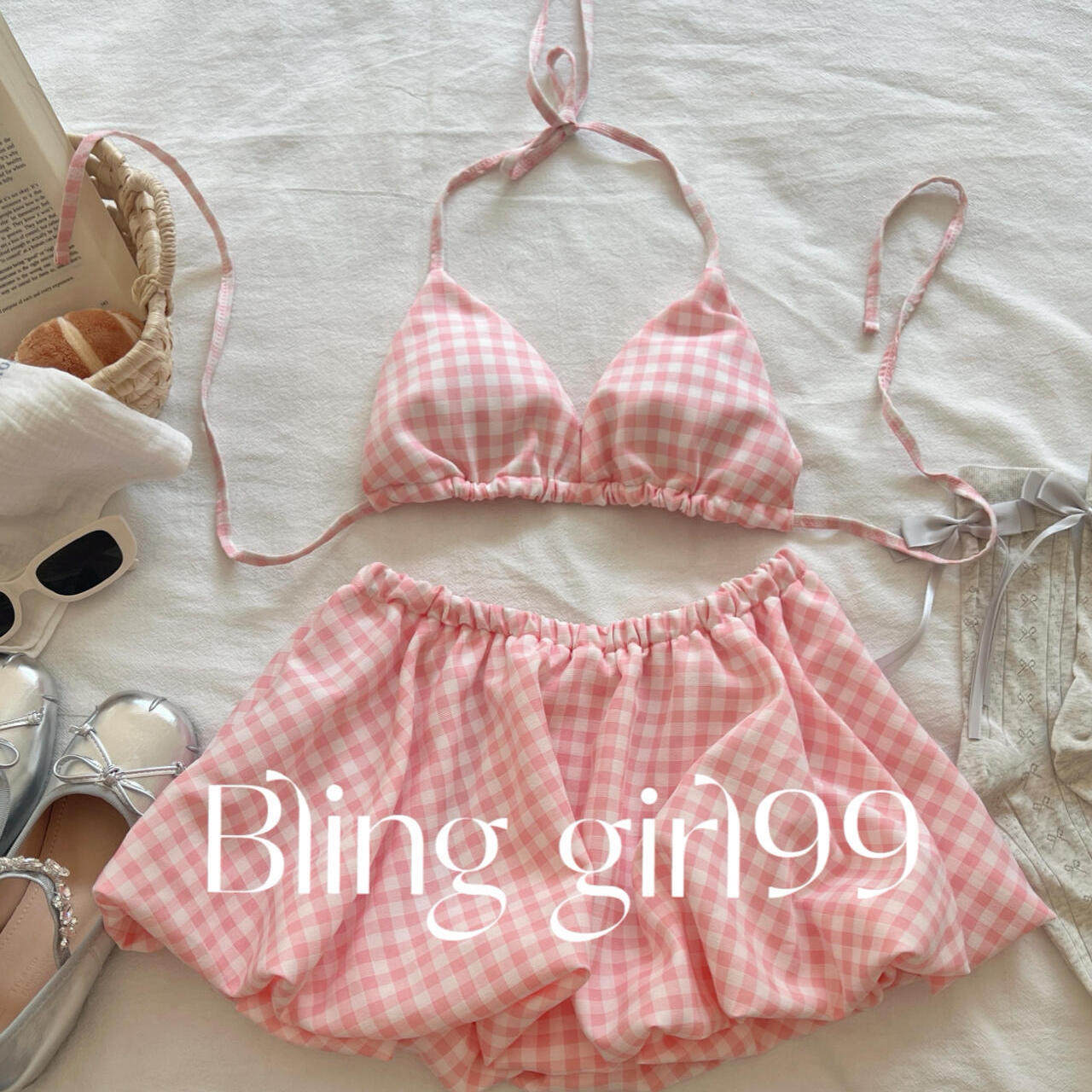 【水蜜桃】格子裙式分体泳衣女三件套BIKINI纯欲小香风度假比基尼
