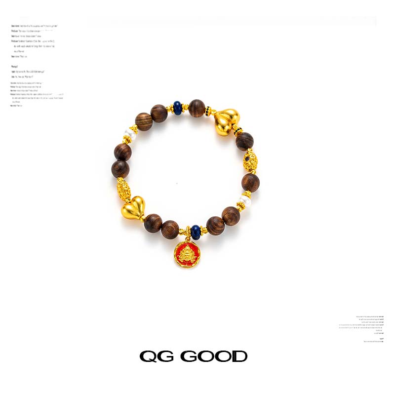 新中式复古木质黄金色手链女轻奢小众文创手串金色吊坠闺蜜饰品