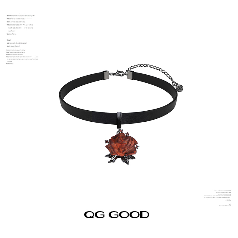 原创设计木作玫瑰花朵choker颈链
