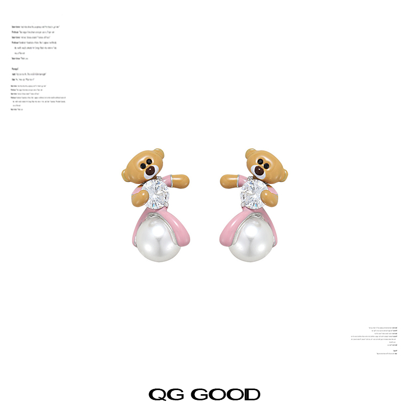 可爱童趣轻奢百搭小熊珍珠耳钉女气质韩式高级感925银针耳饰配饰