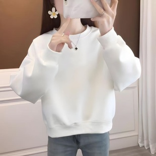 白色保暖圆领短款卫衣女宽松韩版秋冬加绒加厚小个子百搭纯色上衣