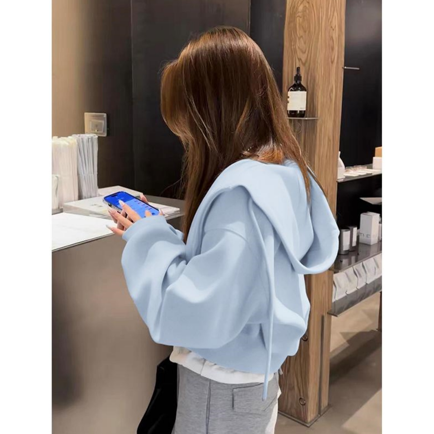 韩版天蓝色卫衣女短款拉链开衫上衣秋冬季加绒加厚连帽衫保暖外套