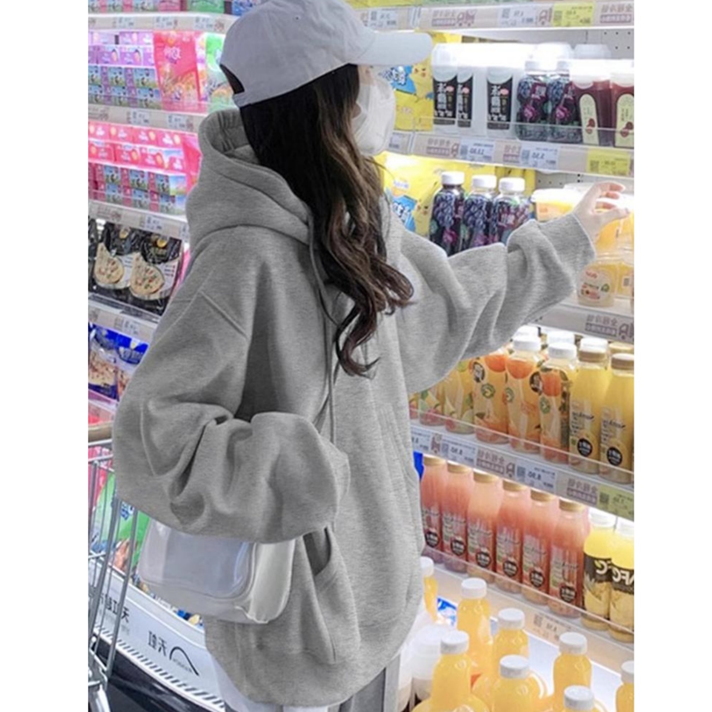 美式复古灰色中长款连帽卫衣女秋冬新款加绒加厚保暖宽松套头上衣