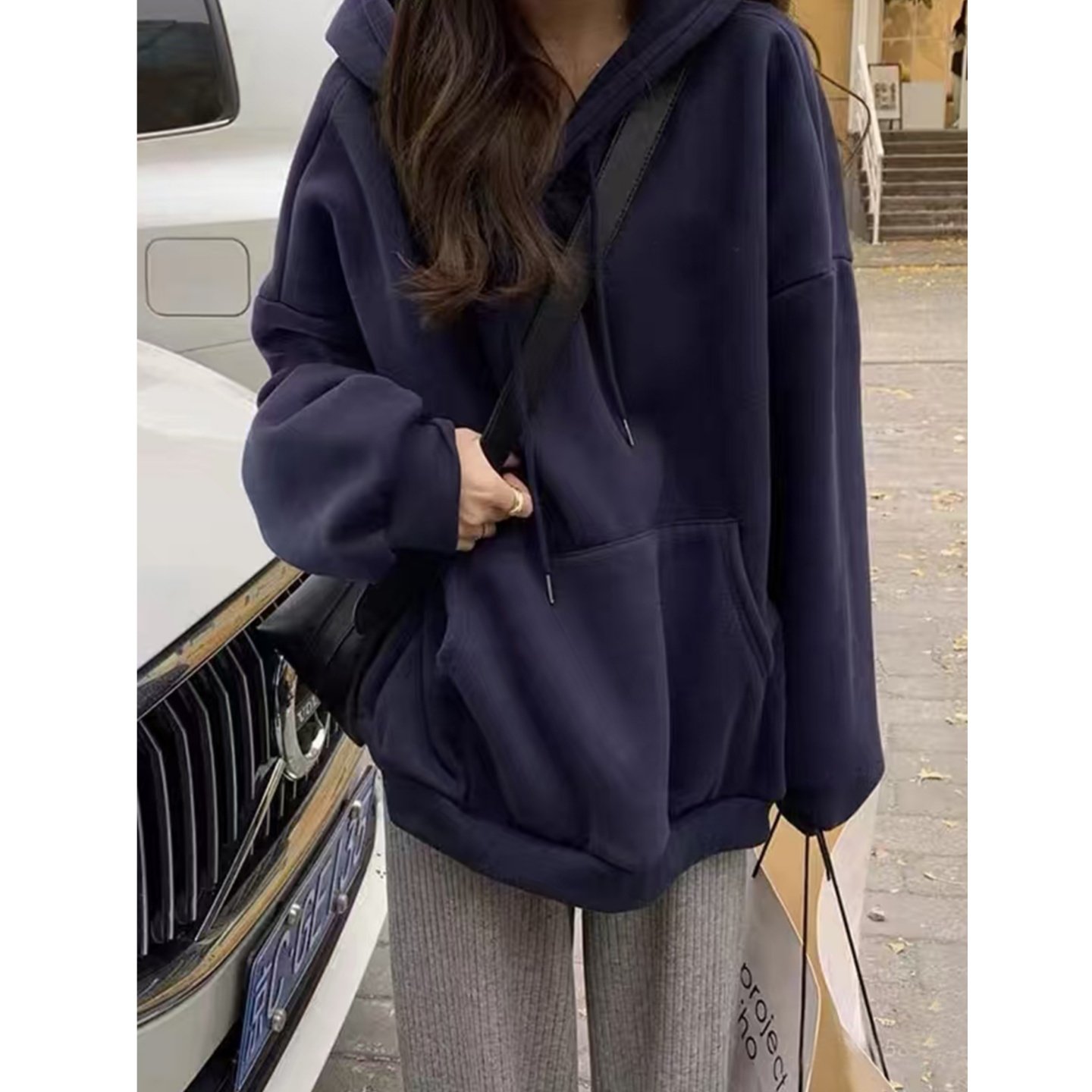 藏蓝色重磅卫衣女2025新款秋冬加绒加厚中长款纯色保暖大码连帽衫