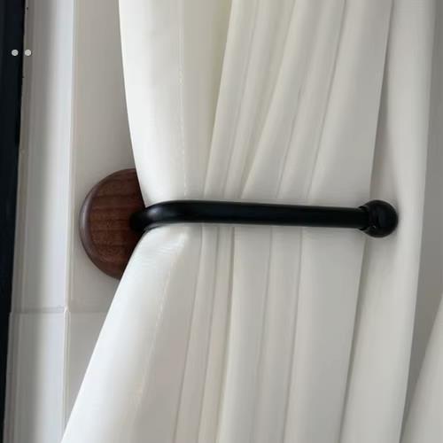 免打孔胡桃木窗帘挂钩新中式原木风无痕绑带固定器浴帘侧钩卡扣
