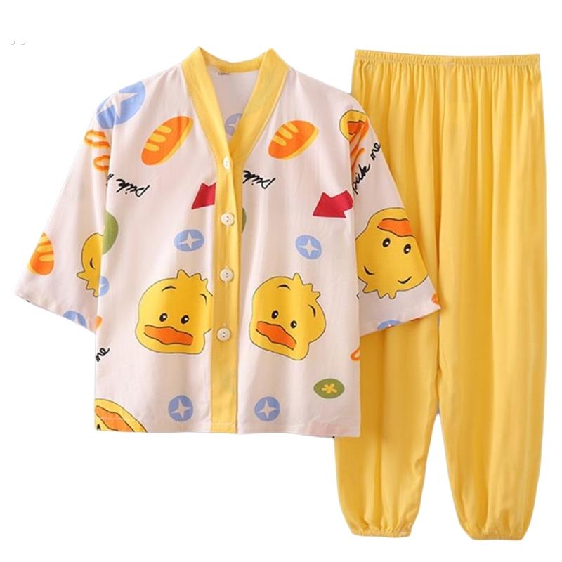 七分袖长裤套装夏季儿童绵绸睡衣男童女童棉绸薄款宝宝空调家居服