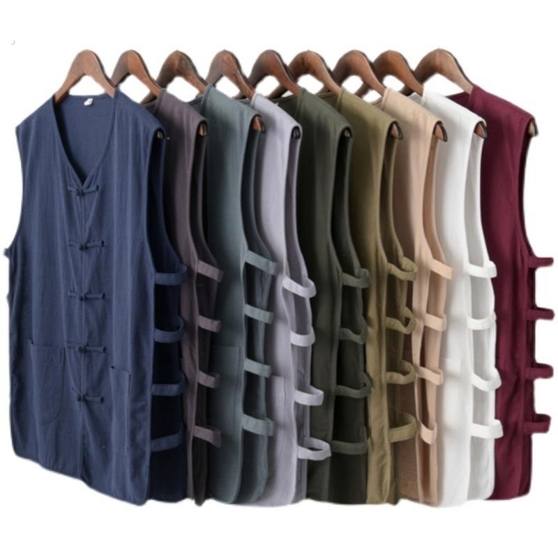 夏季中式马褂男汗衫老北京背心无袖老头衫开衫唐装坎肩中国风亚麻