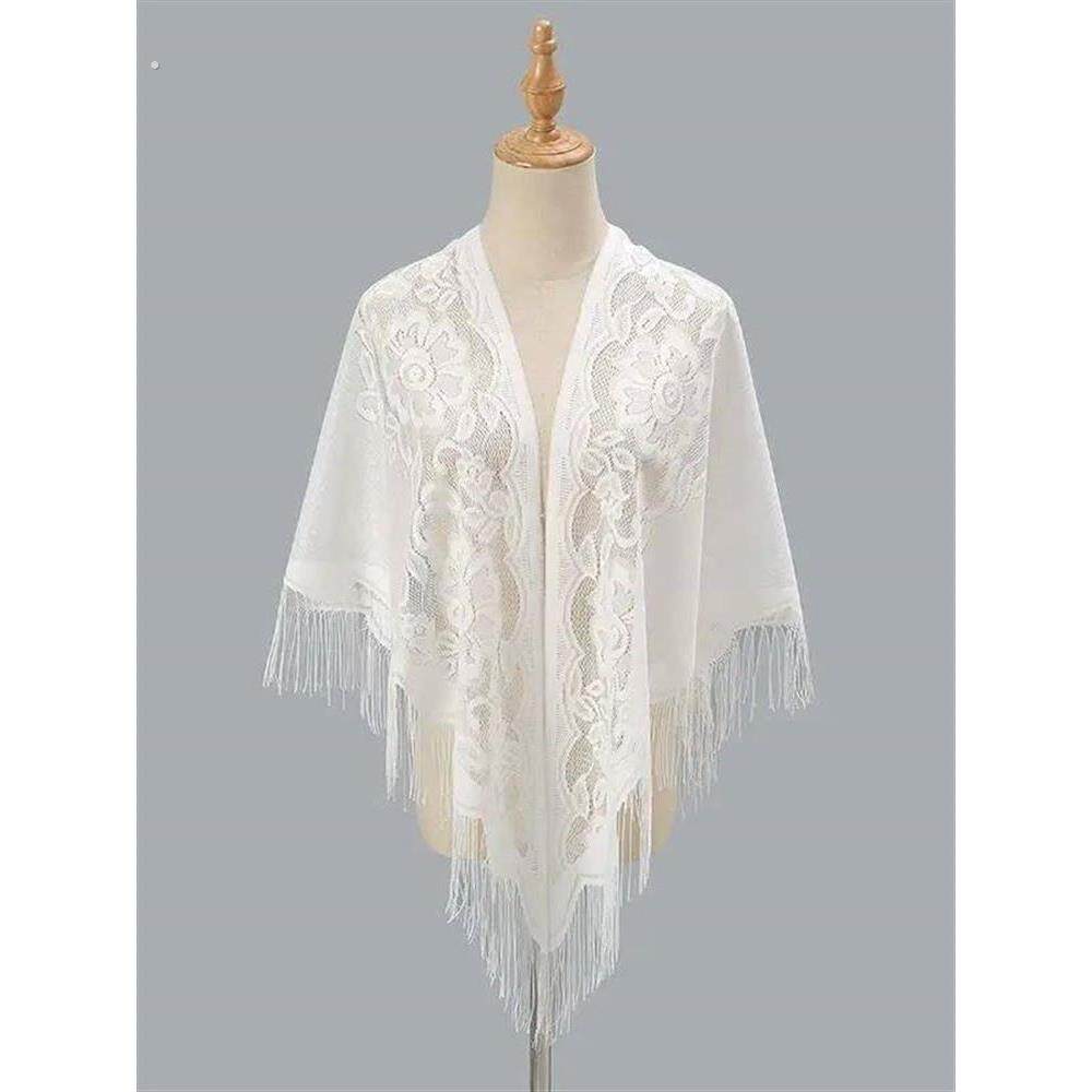 夏季旗袍披肩2024新款女薄款斗篷流苏外搭蕾丝红色黑色白色三角巾