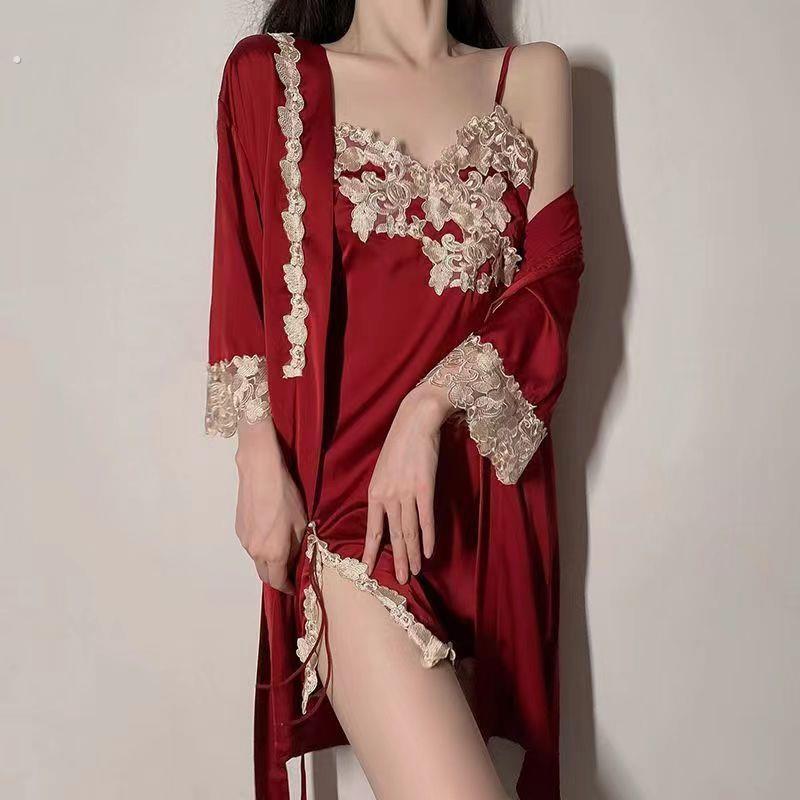 夏季睡衣女带胸垫性感冰丝睡裙吊带蕾丝202年新款春秋薄款两件套