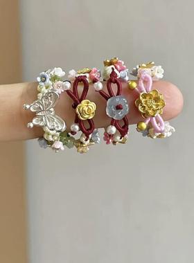 手工编织蝴蝶戒指小众设计感古风珍珠素圈精致中式桃花结创意礼物